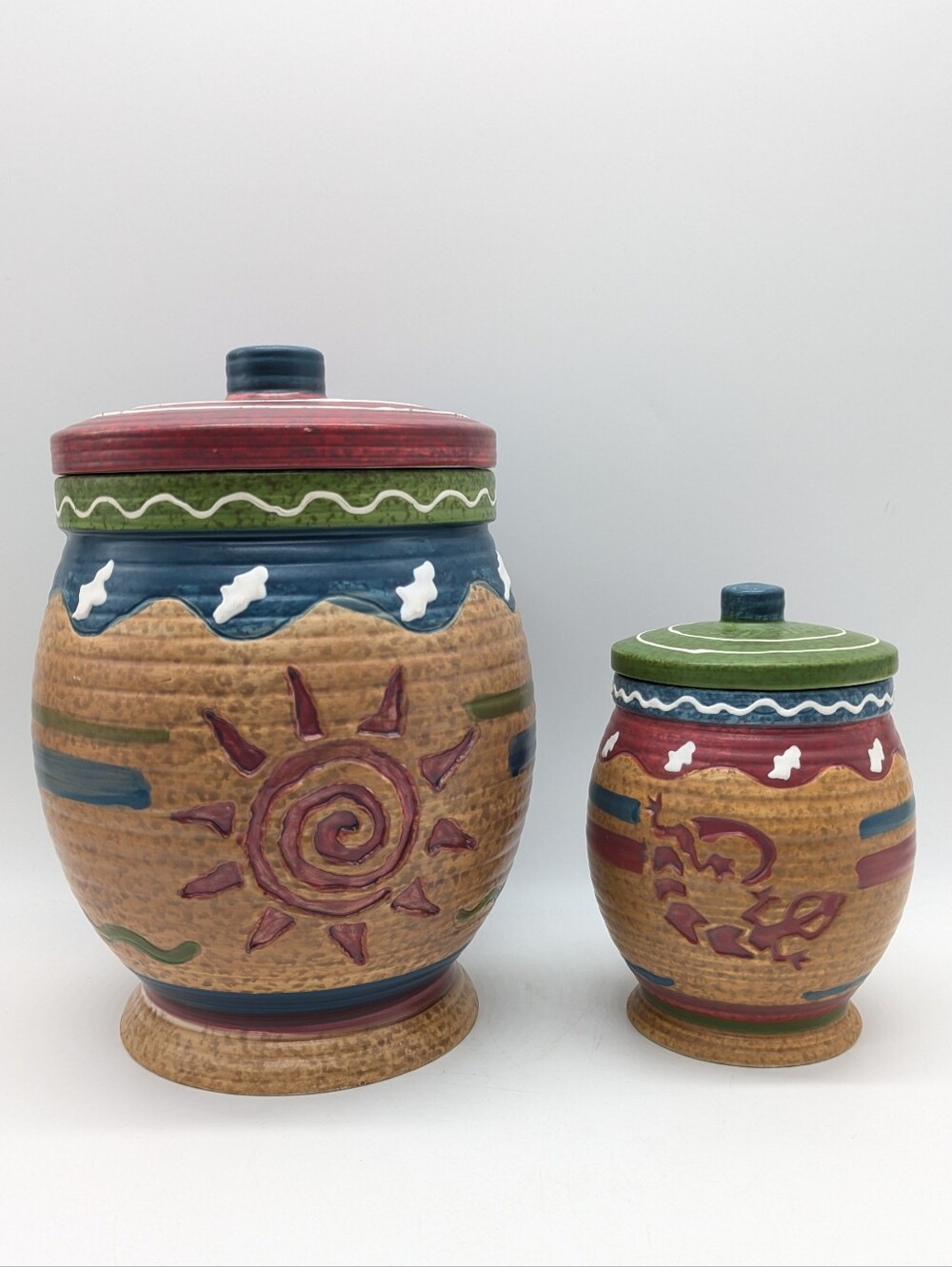 Vintage WMG Brown Red Southwestern Aztec Sun & Lizard Canister Set Of 2